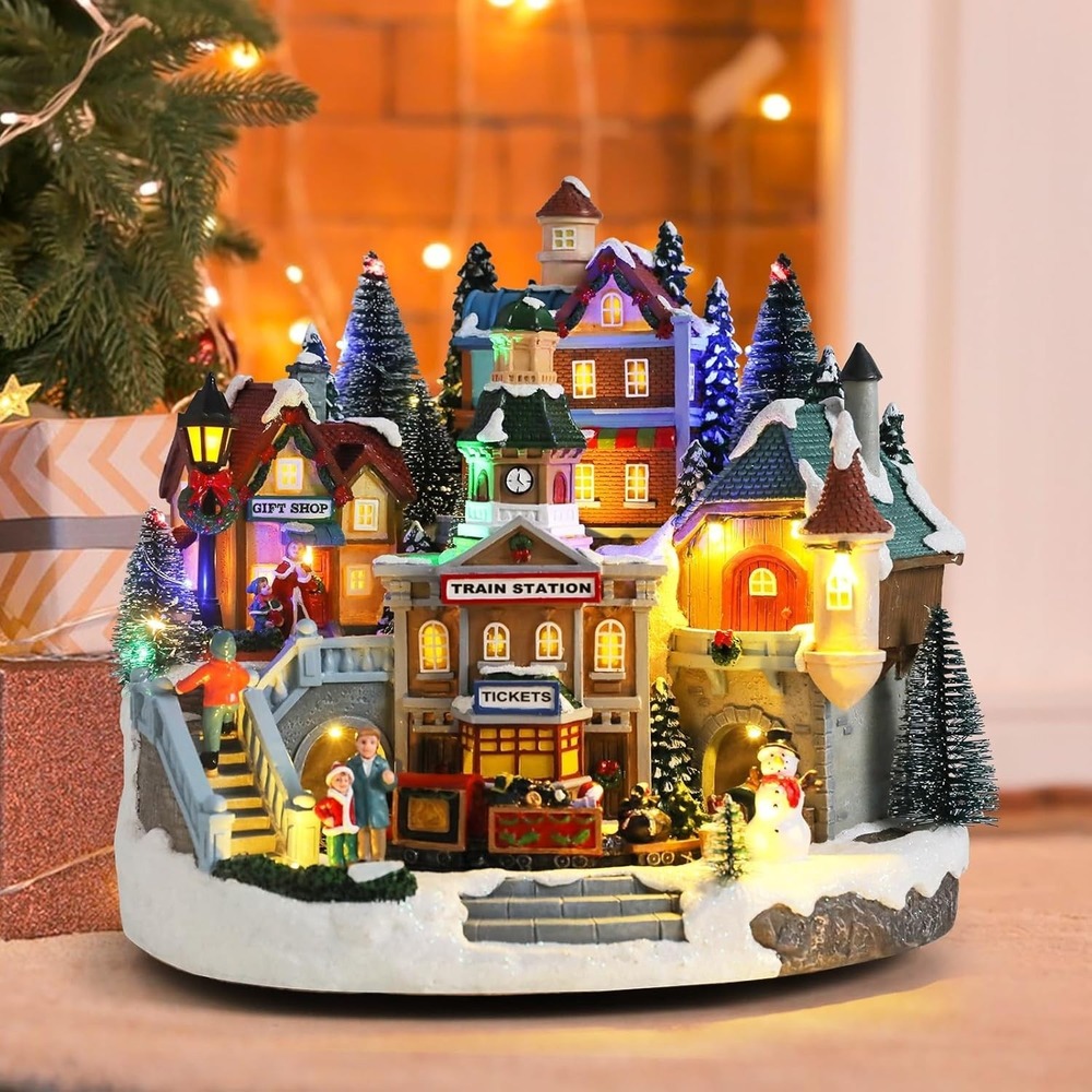 LED Lighted Musical Animated Christmas Village House TRAIN STATION